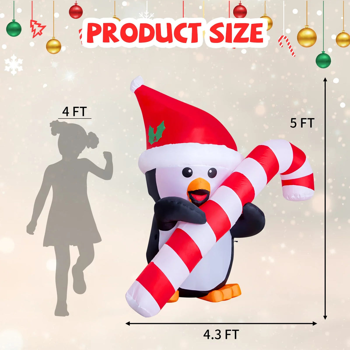 5ft Christmas Inflatables Outdoor Decorations, Blow Up Penguin with Candy Cane Inflatable Built-in LEDs for Christmas Indoor Outdoor Yard Lawn Garden Decorations