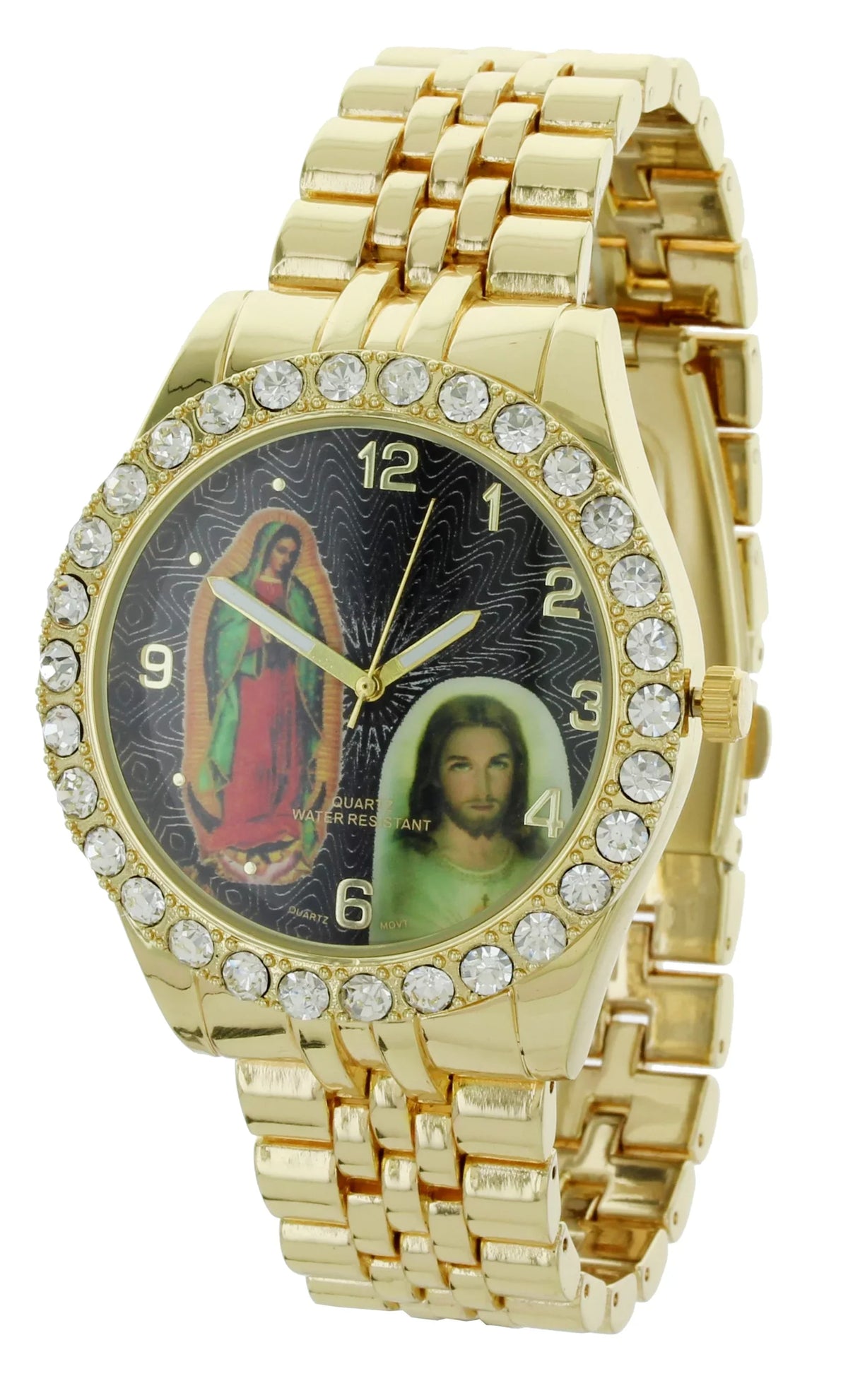 Men's Our Lady of Guadalupe and Jesus Gold-Tone Metal Bracelet Watch with Neckless and Cross Pendent Set
