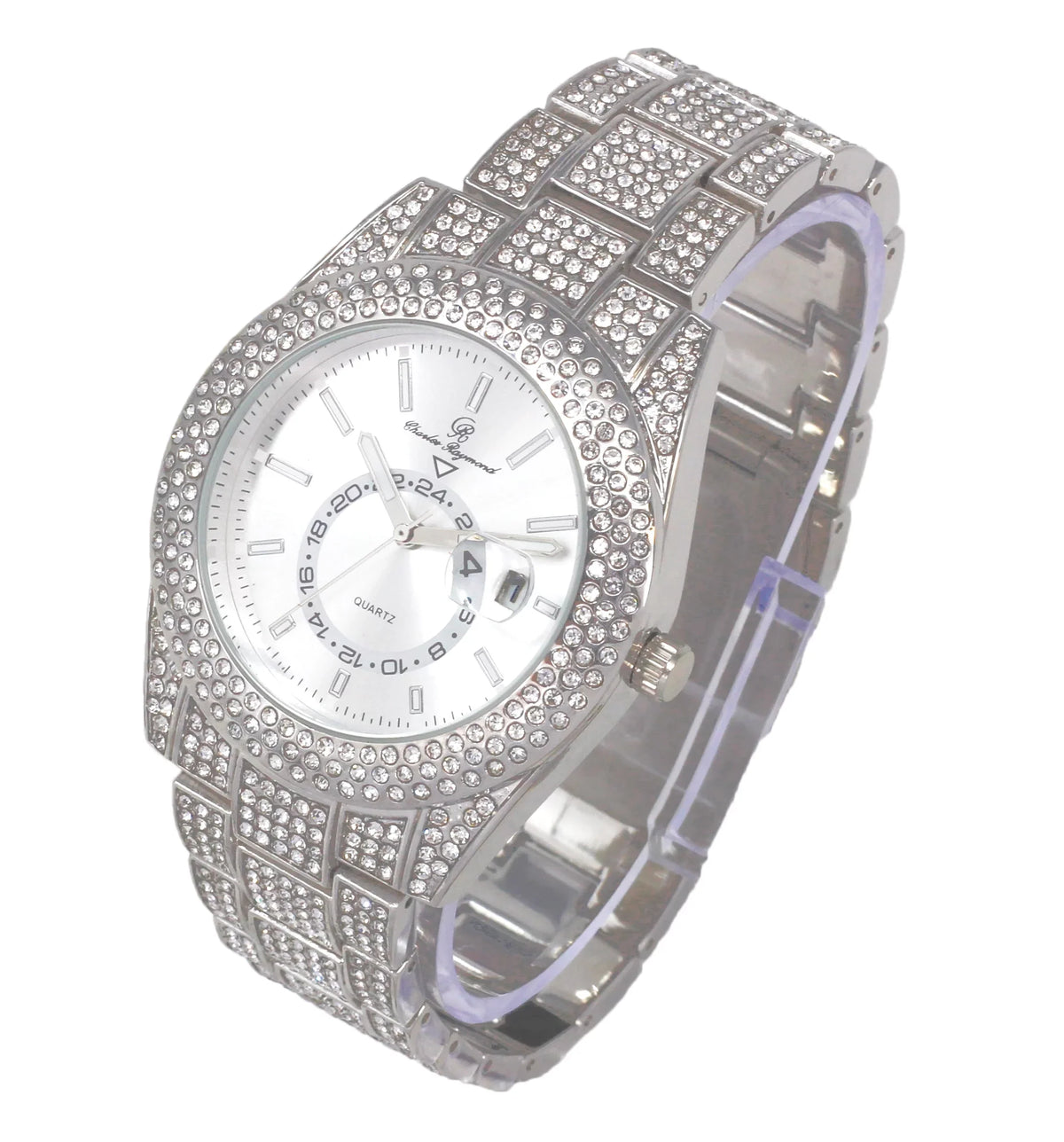 Charles Raymond Ice on Blast! Blinged Out Hip Hop Rolly Looks with Iced Out Wristwatch Trim and Band with Matching Zig Zag Bling'ed Out Necklace Sets -  Necklace Sets - Silver