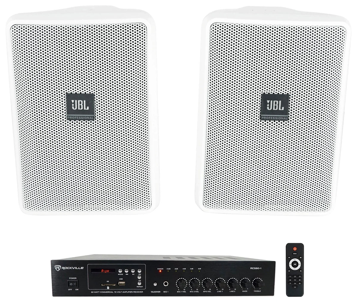 (2)  Control 23-1 White 3" Indoor/Outdoor 70v Commercial Wall Speakers + Amp