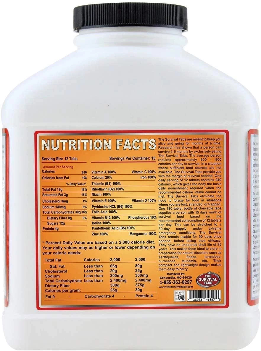 180 tabs Survival Tabs 15-Day Emergency Survival MREs Meals Ready-to-eat Bugout for Travel Camping Boating Biking Hunting Activities Gluten Free and Non- 25 Years Shelf Life - Vanilla Malt Flavor