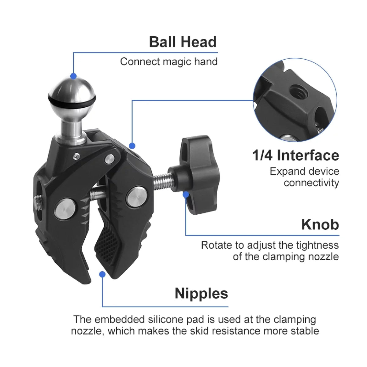 Aluminum Alloy Camera Mount Clamp - Bicycle Handlebar Adapter, 1.5kg Load Capacity, Dual Rotatable Ball Head, Adapter, Compatible with , , Hero 11/10/9/8/7, Insta360