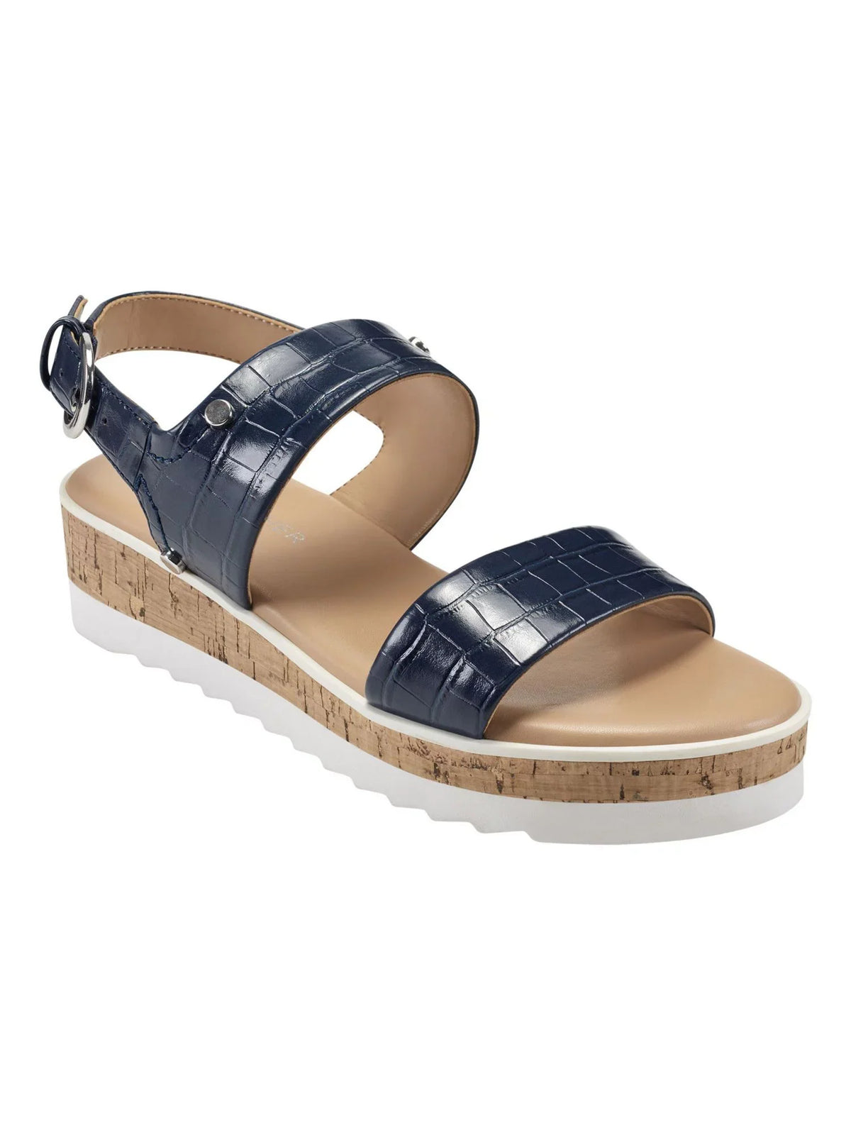 Womens Blue Mixed Media Demi 1" Platform Gordy Almond Toe Wedge Buckle Sandals Shoes 8.5 M