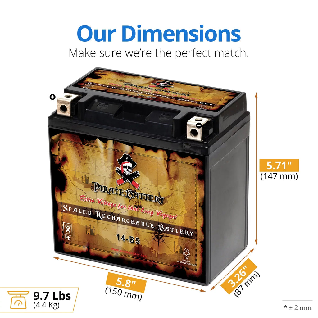 Pirate Battery YTX14- (14- 12 Volt,12 Ah, 200 ) Motorcycle Battery for Honda 1100cc Vt1100c, C3, T Shadow (spirit, Aero, A. C. E. Tourer) 2006