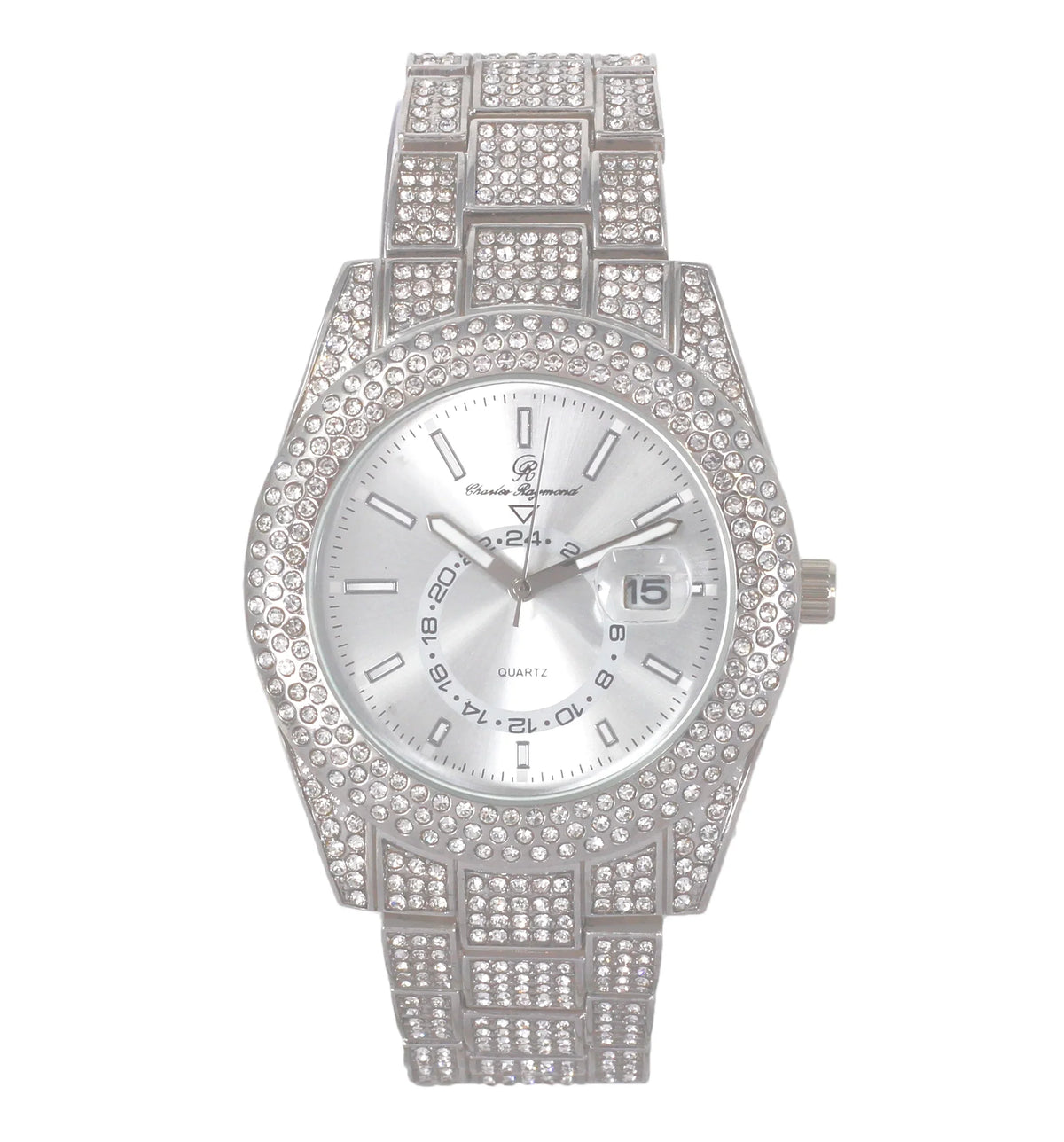 Charles Raymond Ice on Blast! Blinged Out Hip Hop Rolly Looks with Iced Out Wristwatch Trim and Band with Matching Zig Zag Bling'ed Out Necklace Sets -  Necklace Sets - Silver