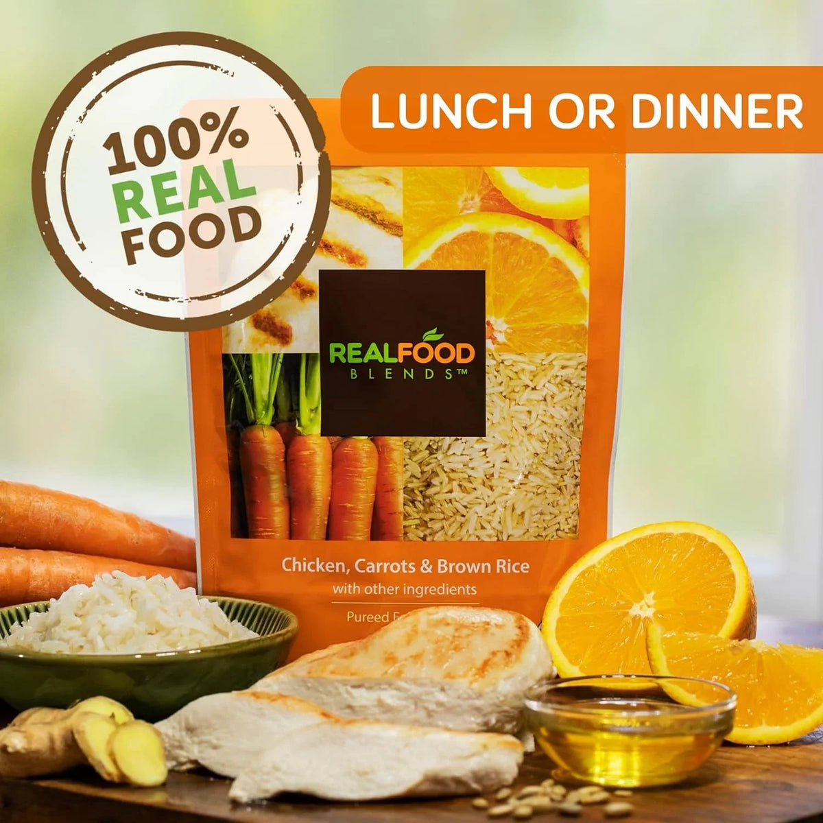 Real Food Blends - Orange Chicken, Carrots & Brown Rice - Meals for Tube Fed People - 9.4 Oz Pouch (Pack of 12)