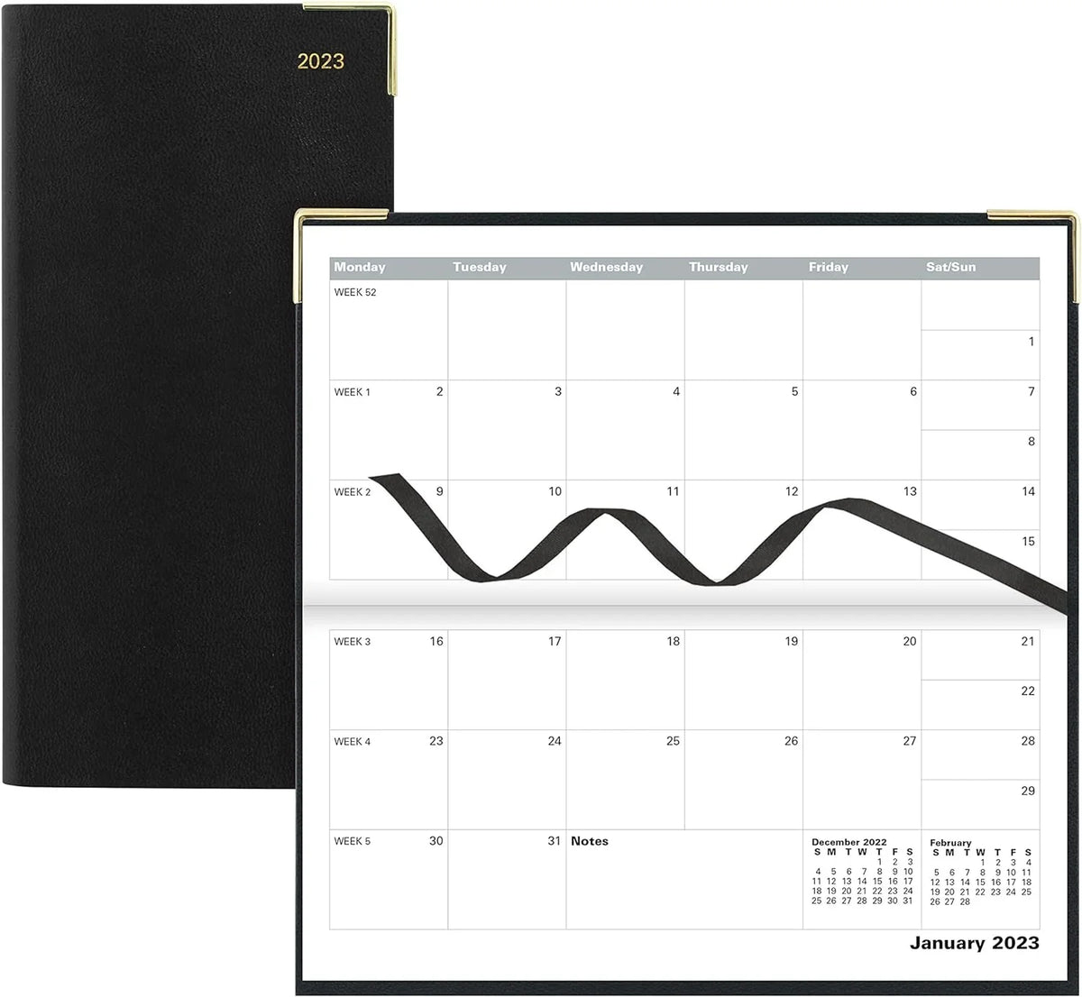 Of London 12S Daily Planner, Day Per Page, Classic Slim Month Per Page, 13 Months Jan 2023 - Jan 2024, Landscape Diary 2023 6 5/8" 3 1/4" (Black)