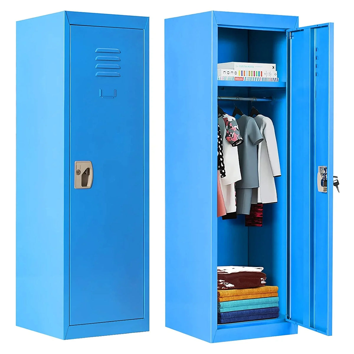48" Kids Locker Cabinet, Daycare Metal Coat Locker w/Hanging Rod & Shelf for Kids Room Bedroom School Classroom, 2-Tier Storage Locker w/ 2 Keys for Toys, Clothes, Sports Gear
